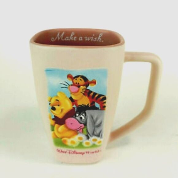 MUG by DISNEY WINNIE THE POOH  Walt World "Make A Wish" Tall Square Sided Pink - Picture 1 of 1